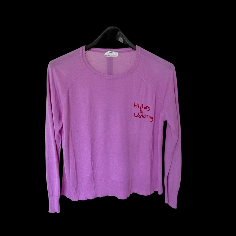 Zara Knitwear Purple History is Watching Embroidered Sweater Med Raglan‎